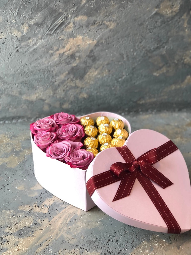 Heart Box flower arrangement With Ferrero chocolate