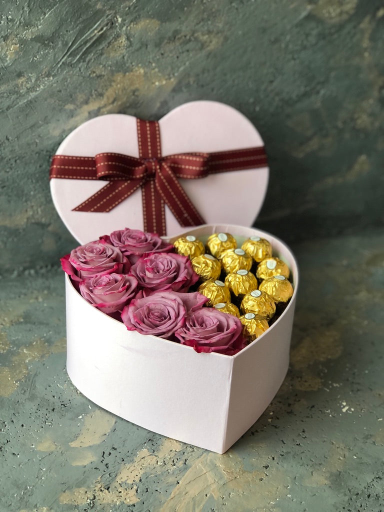 Heart Box flower arrangement With Ferrero chocolate