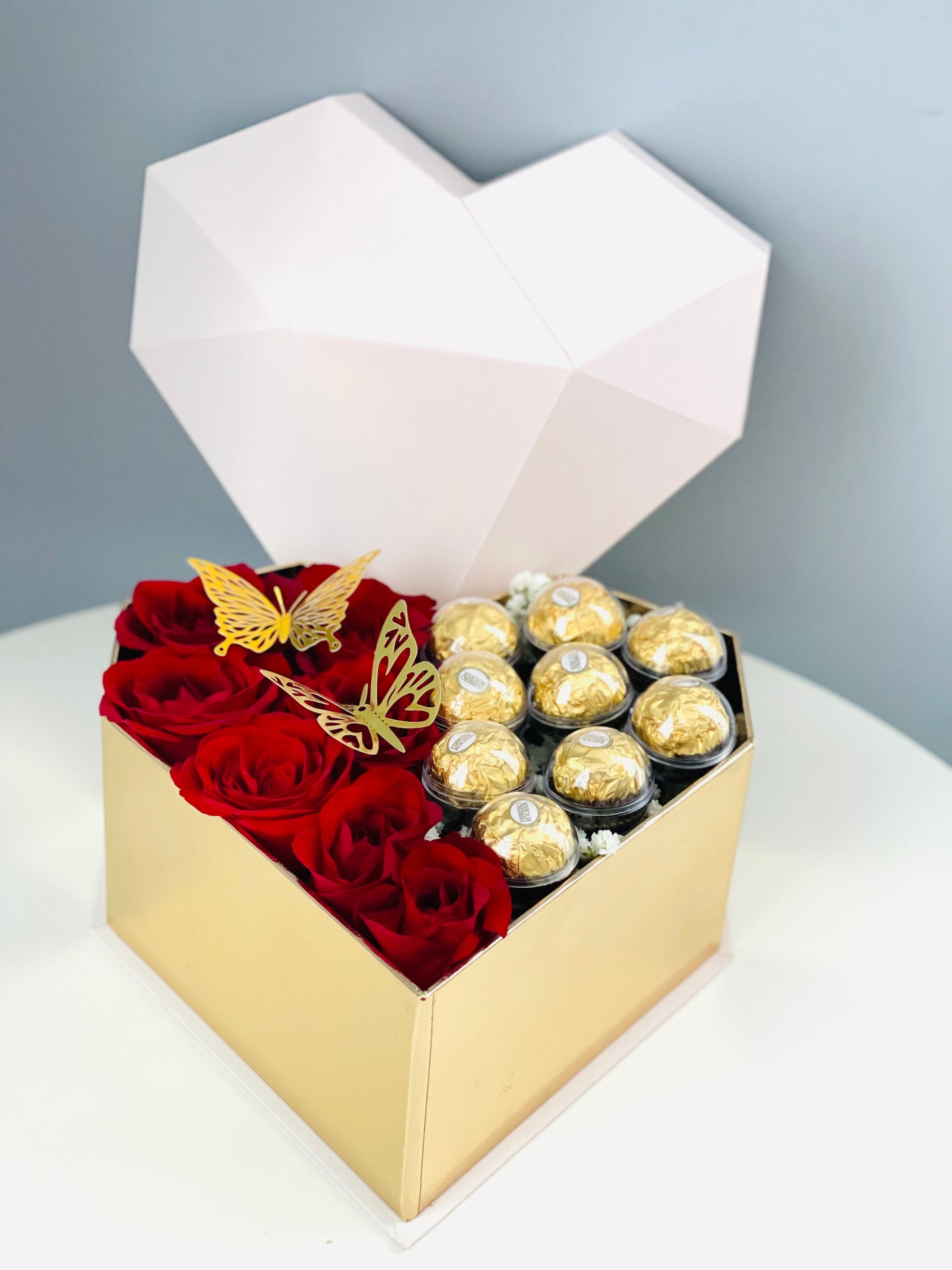 Heart Box flower arrangement With Ferrero chocolate