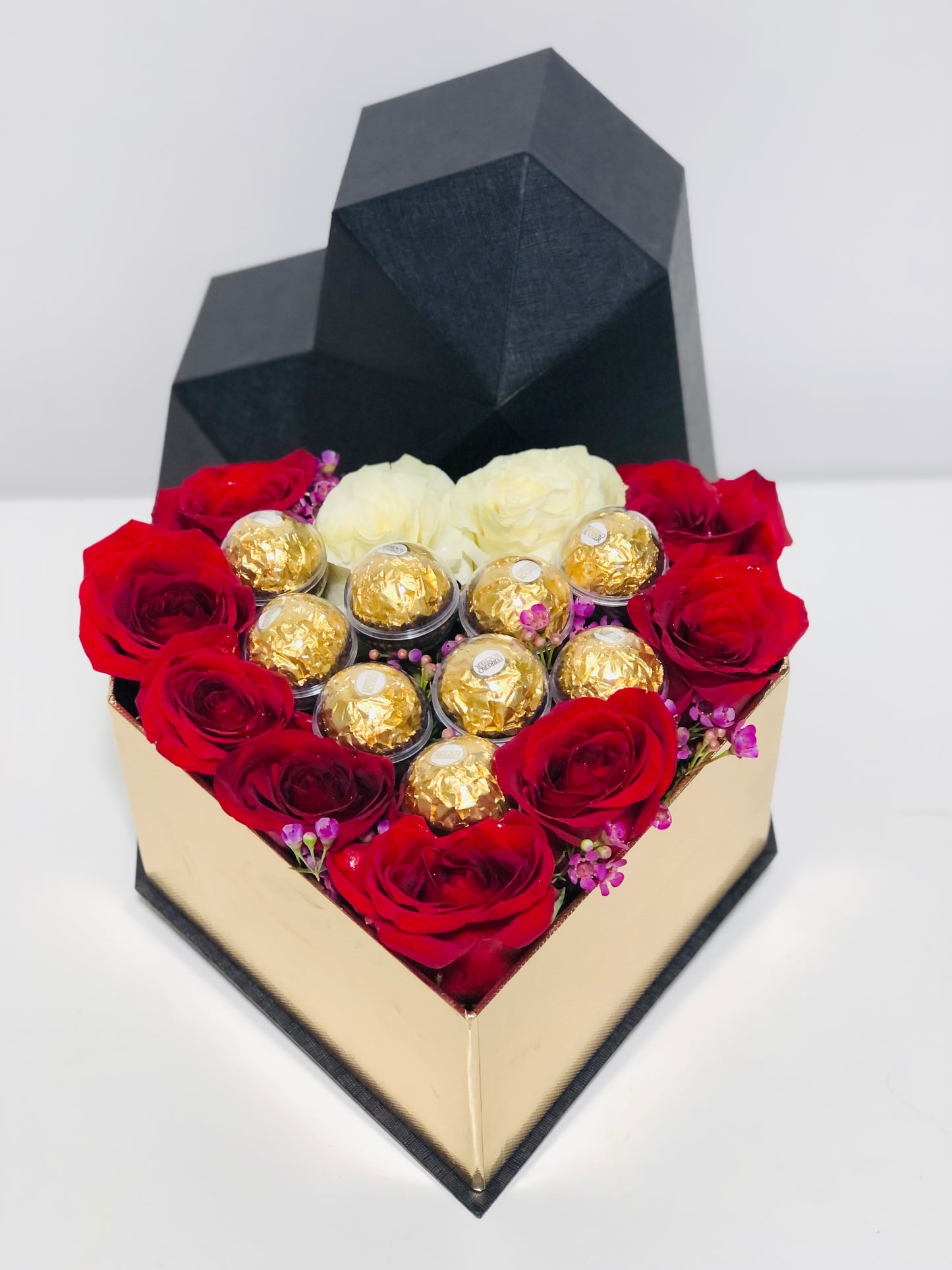 Heart Box flower arrangement With Ferrero chocolate